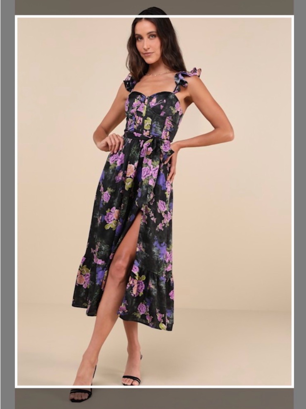 Lulu's Black Midi Dress with Purple & Green Floral Print